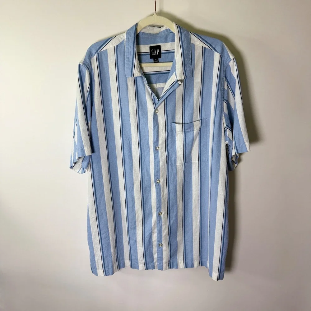 Gap Mens XL Short Sleeve Linen Blend Striped Button Down Shirt Blue White